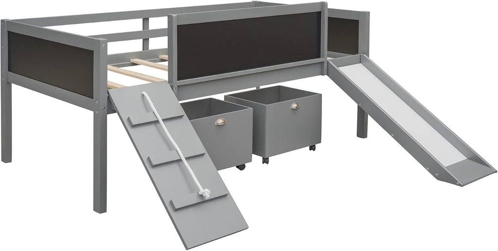 JIVOIT Twin Size Low Loft Bed with Climbing Frame & Rope, Wood Loft Bed Frame with Two Storage Boxes, Slide and Double-Sided Chalkboard, Pine Wood Bed Frame for Kids Teens (Gray+Rope)