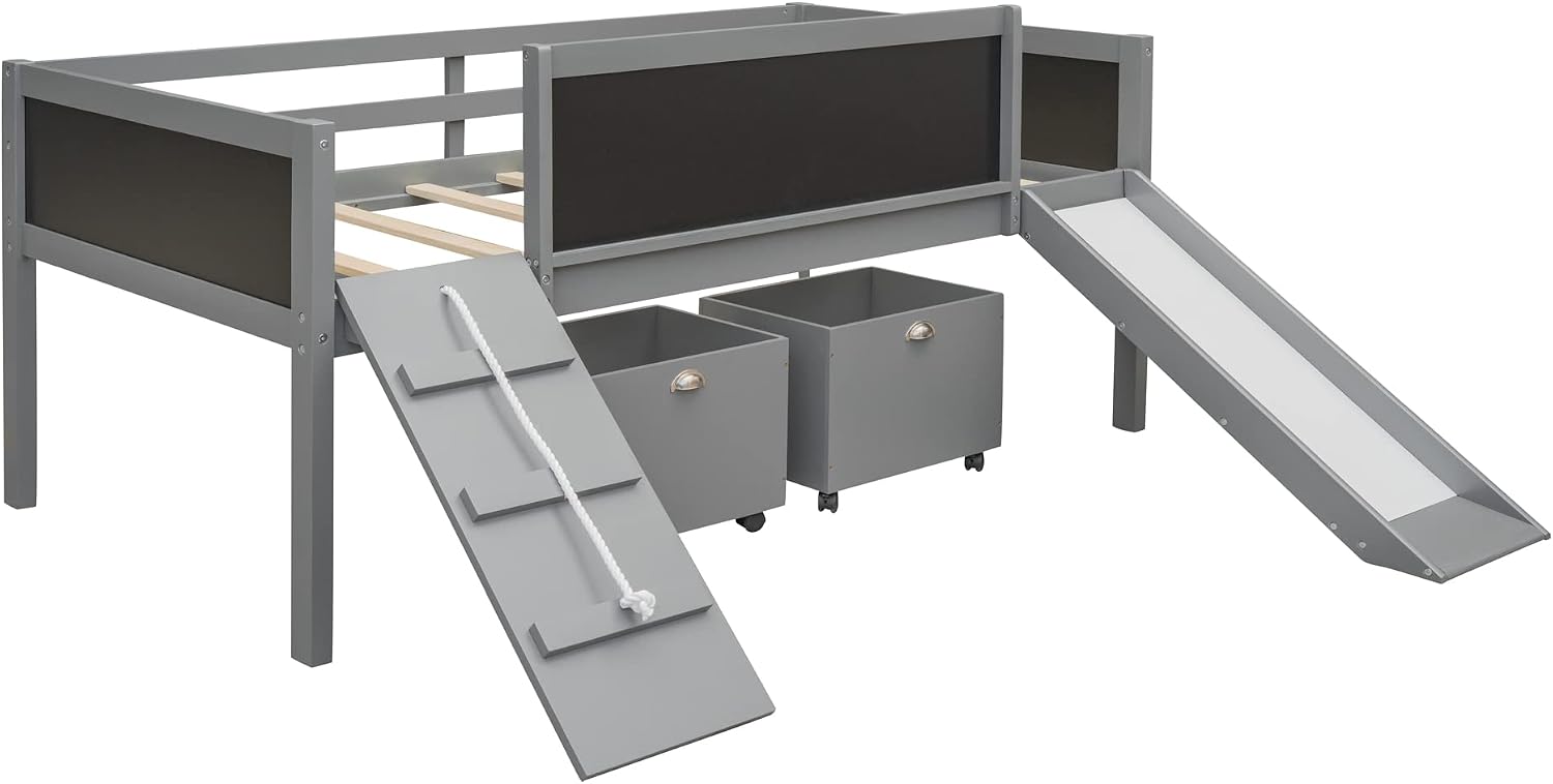 JIVOIT Twin Size Low Loft Bed with Climbing Frame & Rope, Wood Loft Bed Frame with Two Storage Boxes, Slide and Double-Sided Chalkboard, Pine Wood Bed Frame for Kids Teens (Gray+Rope)