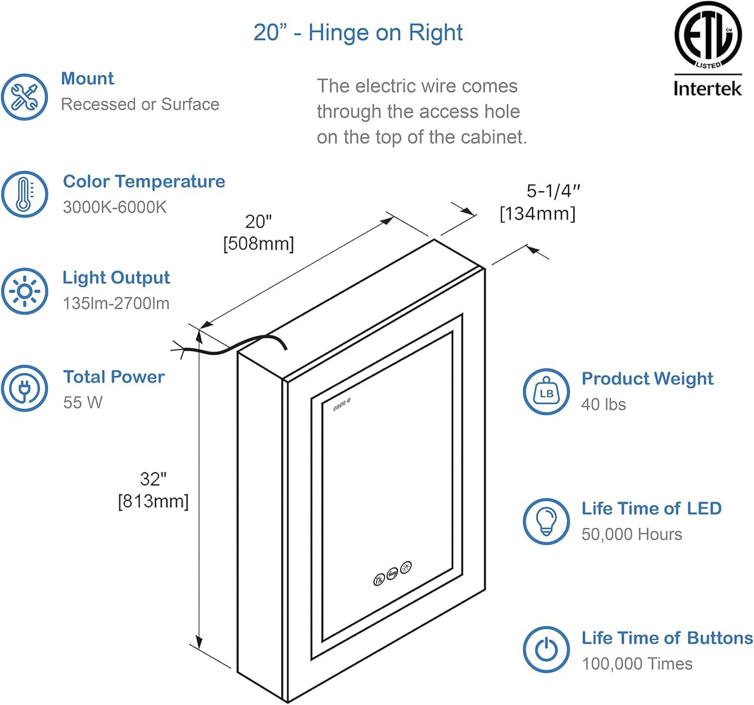 Blossom Luxury 20x32 Lighted Medicine Cabinet, Blum 170° Wide-Open Soft Close, Built-in 3X Magnifying Mirror, Recessed Bathroom Vanity with Outlet & USB, Anti-Fog Dimmable LED Storage
