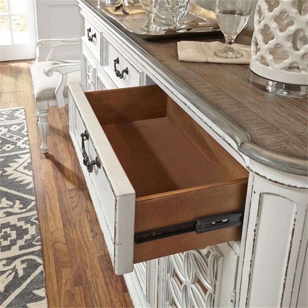 Liberty Furniture Magnolia Manor Hall Buffet Dining Room Storage with Mirrored Doors - Antique White & Weathered Bark