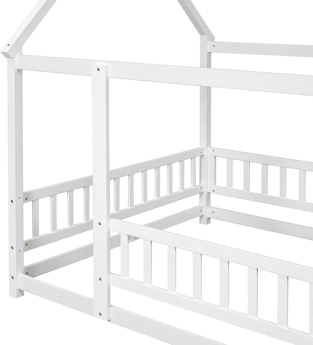 Bellemave Full Size House Floor Bed,Wooden Montessori Bed with Fence and Roof for Kids,Playhouse Full Bed Frame for Girls,Boys(Full,White)