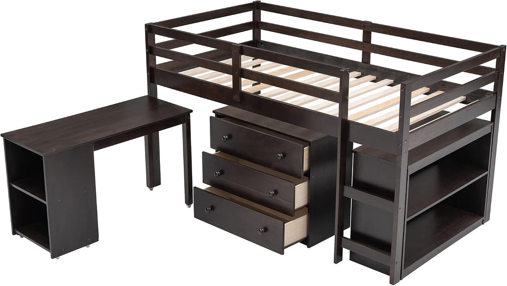 Twin Size Low Loft Bed with Rolling Portable Desk, Wooden Loft Bed with Cabinet/Bookshelf/Drawers/Open Shelves for Kids Teens Adults, No Box Spring Required (Espresso-Twin-Rolling Portable Desk)