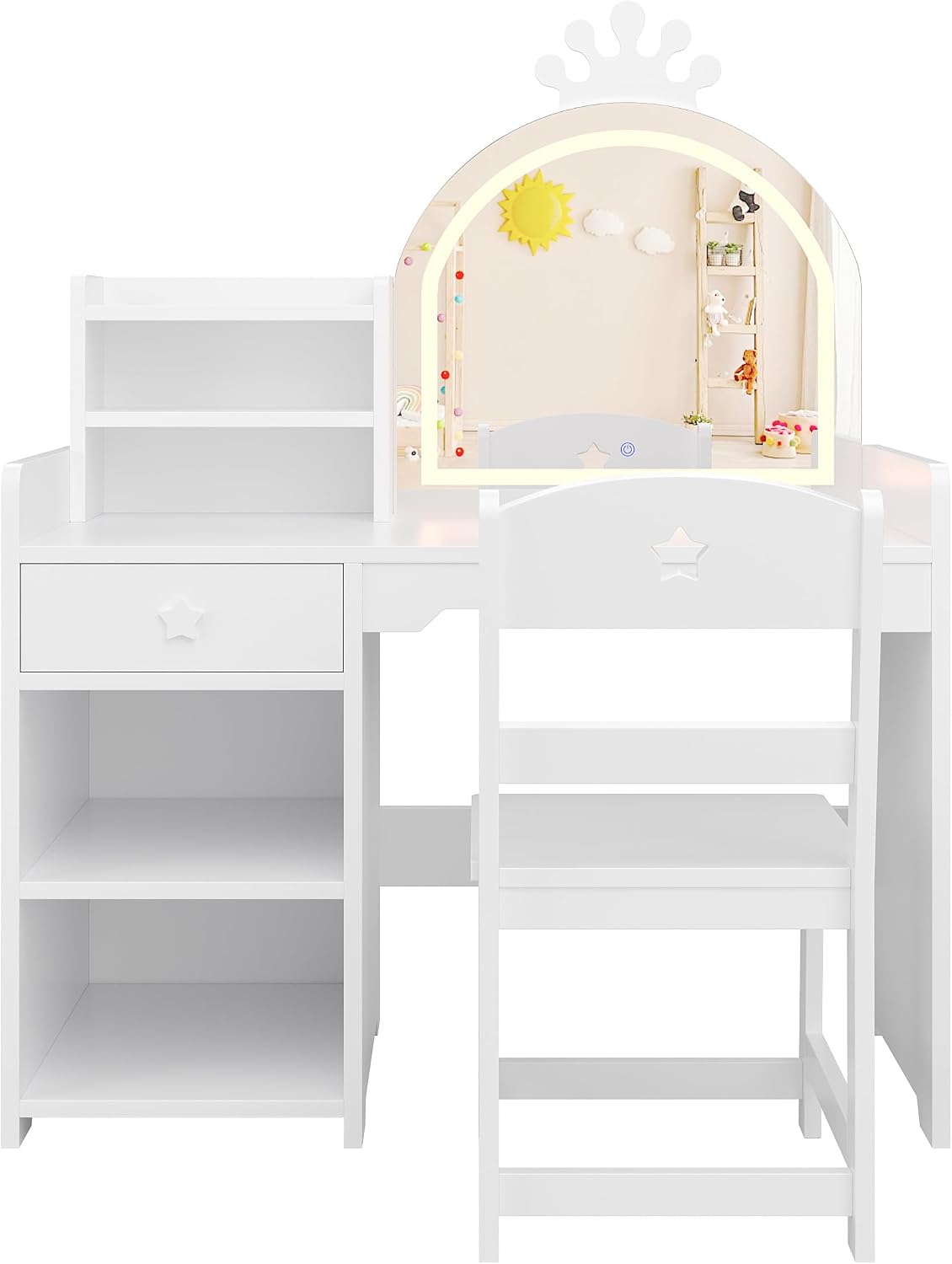 Garvee Kids Vanity with Lights, 2 in 1 Princess Makeup Vanity Desk with Open Bookshelf, Storage Cabinet & Shelves for Little Girls