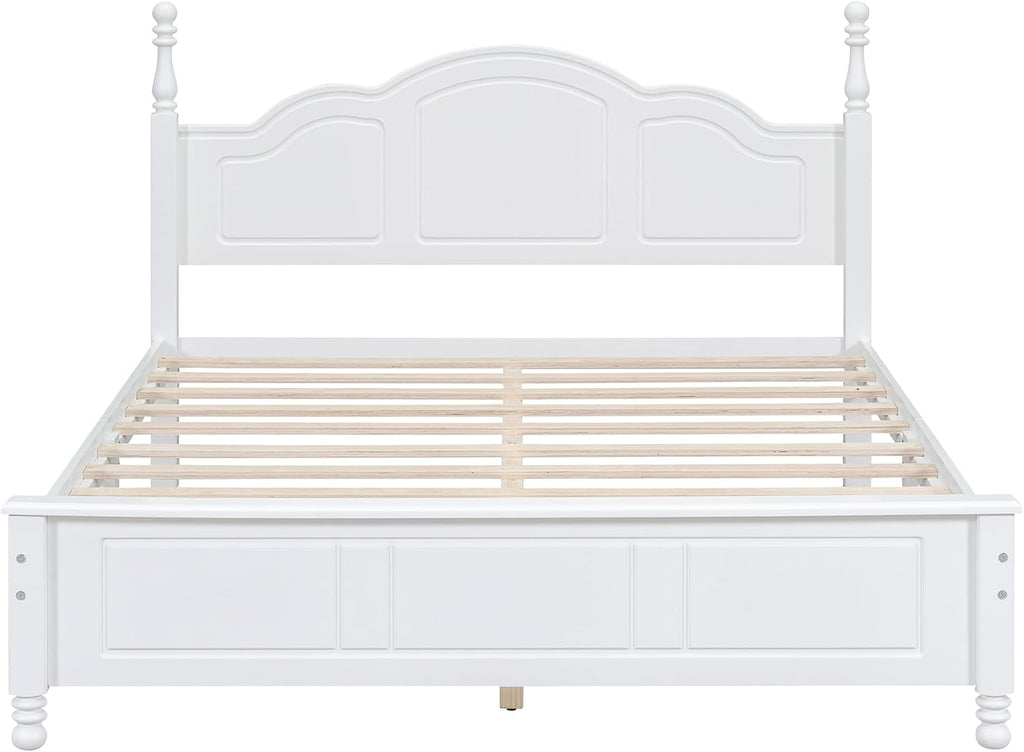 JIVOIT Wood Queen Bed Frame with Headboard and Footboard, Retro Style Platform Bed with Wooden Slat Support, Solid Wood Foundation, Queen Size Wooden Bed Frame (White, Queen Bed, 1)