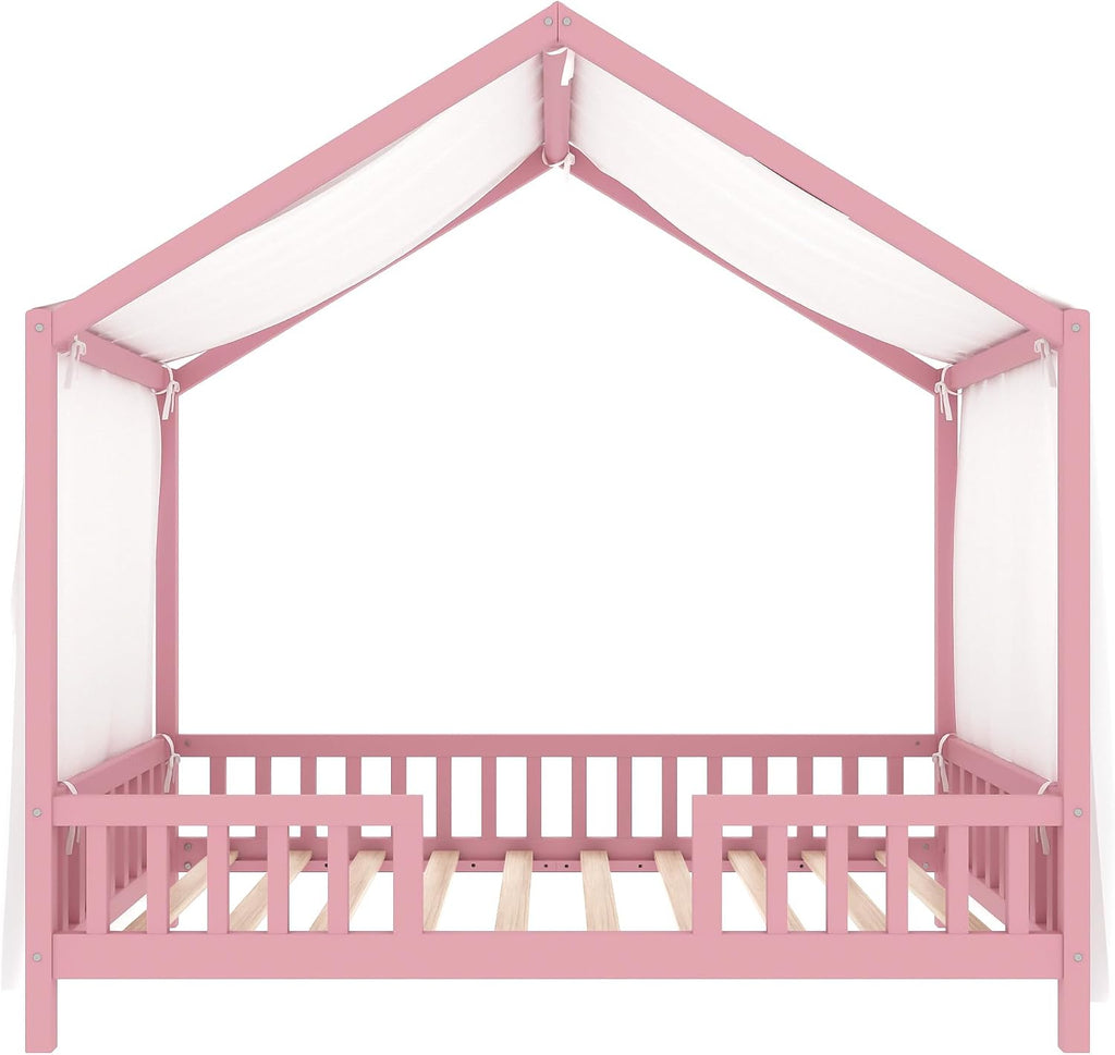 Twin Montessori Floor House Bed with High Rails, Wood Kids Low Floor Bed with Roof & Canopy, Montessori Twin Kids Bed Frame for Girls, Boys,No Box Spring Needed, Pink