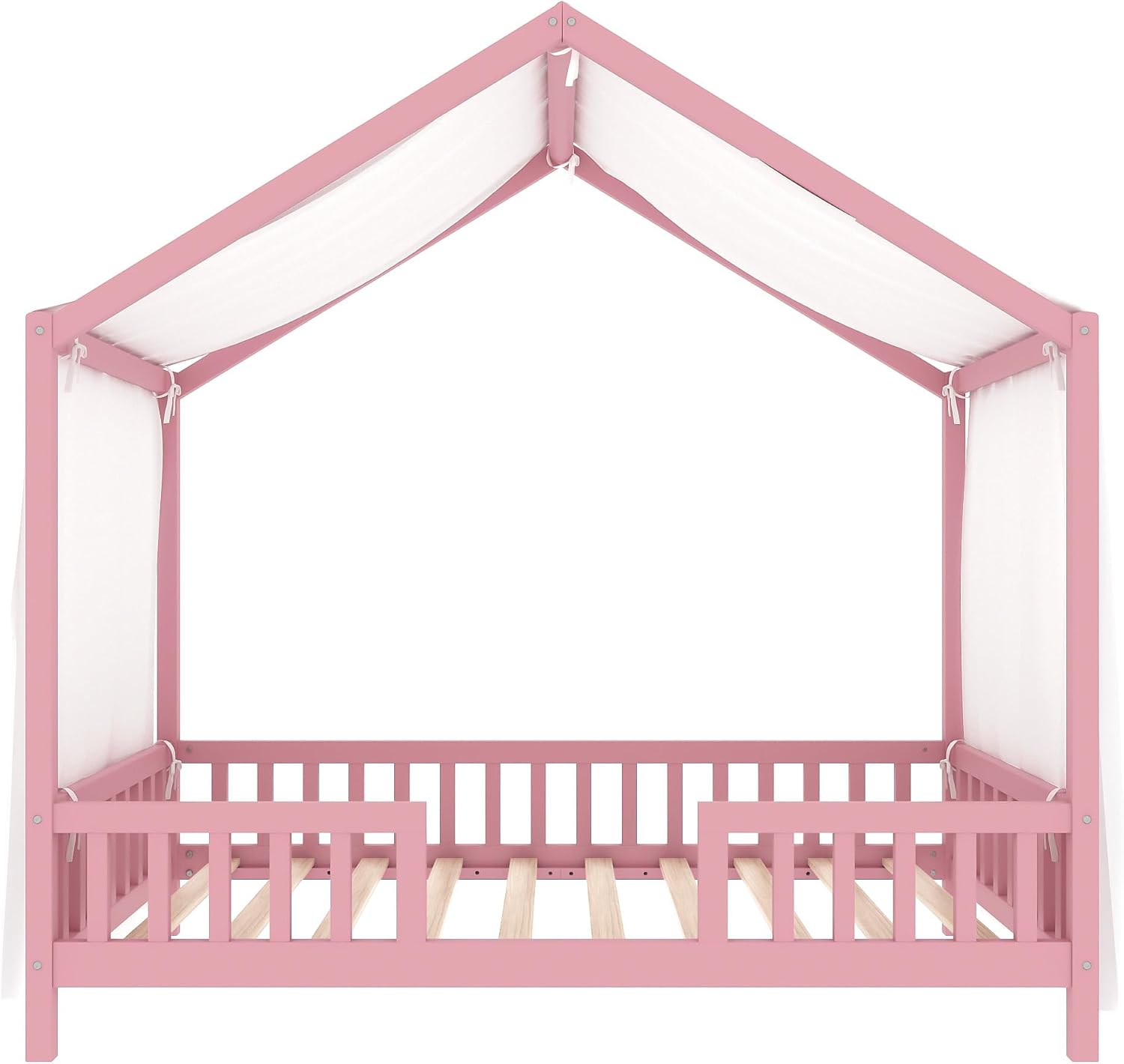 Twin Montessori Floor House Bed with High Rails, Wood Kids Low Floor Bed with Roof & Canopy, Montessori Twin Kids Bed Frame for Girls, Boys,No Box Spring Needed, Pink