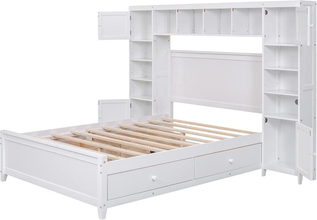 Merax Full Size Platform Bed with 4 Drawers, Wooden Full Bed with All-in-One Cabinet and Shelf, White