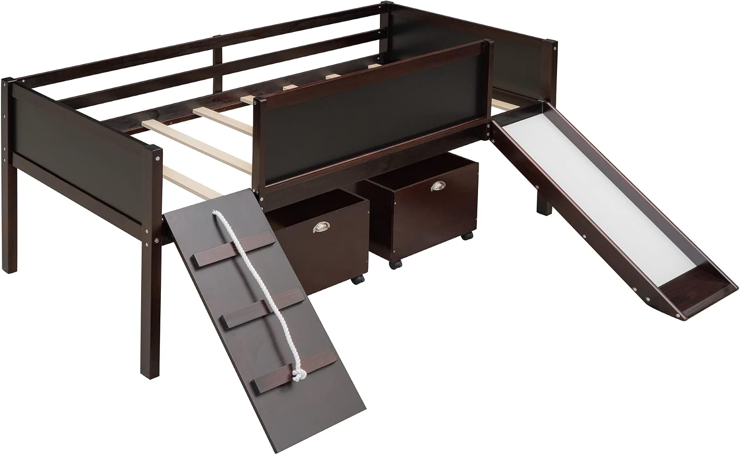 JIVOIT Twin Size Low Loft Bed with Climbing Frame & Rope, Wood Loft Bed Frame with Two Storage Boxes, Slide and Double-Sided Chalkboard, Pine Wood Bed Frame for Kids Teens (Espresso+Rope)