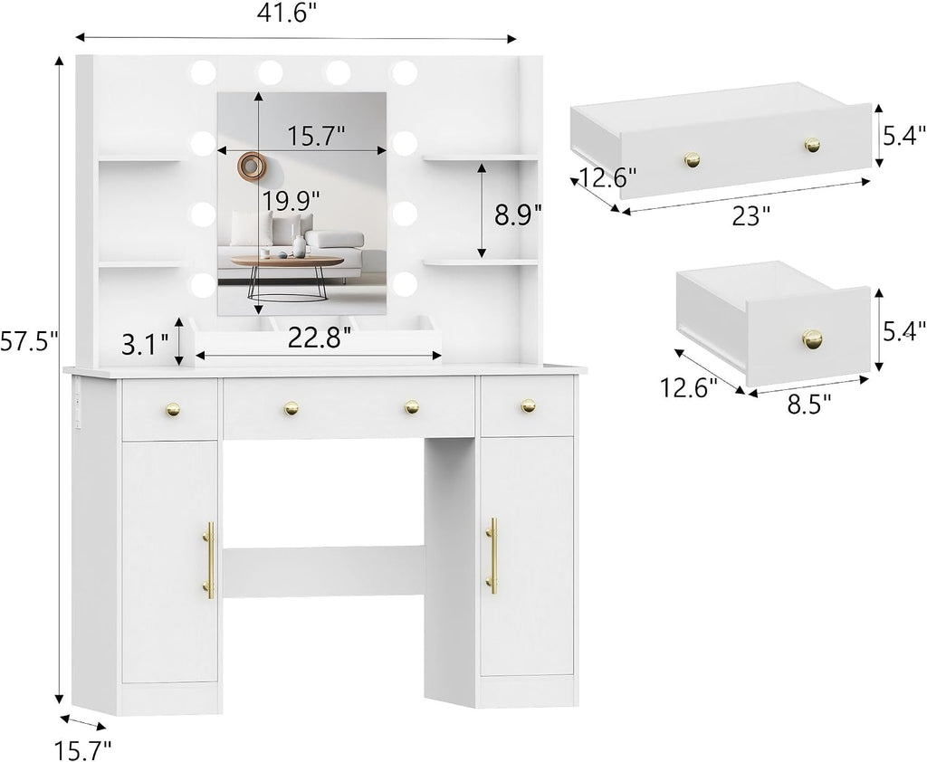 Wodeer Makeup Vanity Desk with Mirror and Lights, 43' White Vanity Set with 3 Drawers, Power Outlet & Adjustable RGB LED Lights, Dressing Table with Storage Shelf for Women & Girls Bedroom