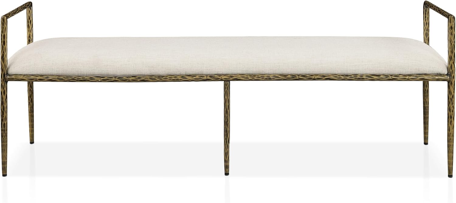 24/7 Shop at Home Lalia Hammered Metal 3-Piece Bedroom Collection, Upholstered Bed Frame with Beige Fabric Headboard, Forged Steel, Bench and 1-Shelf Nightstand, Foundation Required, Full, Matte Gold