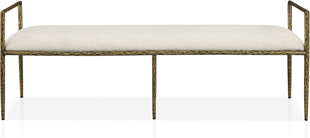 24/7 Shop at Home Lalia Hammered Metal 4-Piece Bedroom Collection, Upholstered Bed Frame with Beige Fabric Headboard, Bench and 1-Shelf Nightstands, Foundation Required, Full, Matte Gold