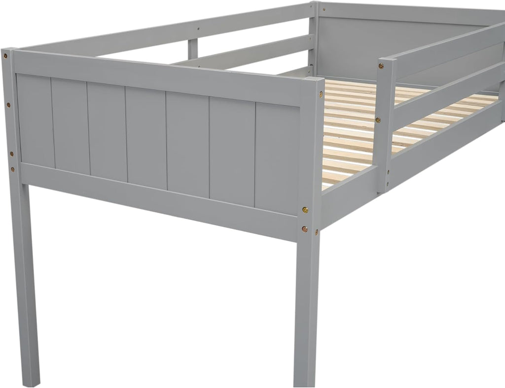 Twin Size Loft Bed, Wood Low Loft Bed with Convertible Ladder, Ladder can be Placed on the Left or Right, Safety Guardrails, Wood Slats Support, No Box Spring Required (Gray & Convertible Ladder)