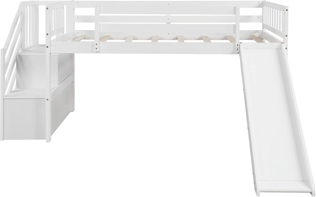 Twin Low Loft Bed with Adjustable Slide/Staircase/Storage Shelves for Kid/Boy/Girl/Teens, Full-Length Guardrails, Solid Wood, Space-Saving (White+Low Loft Bed)