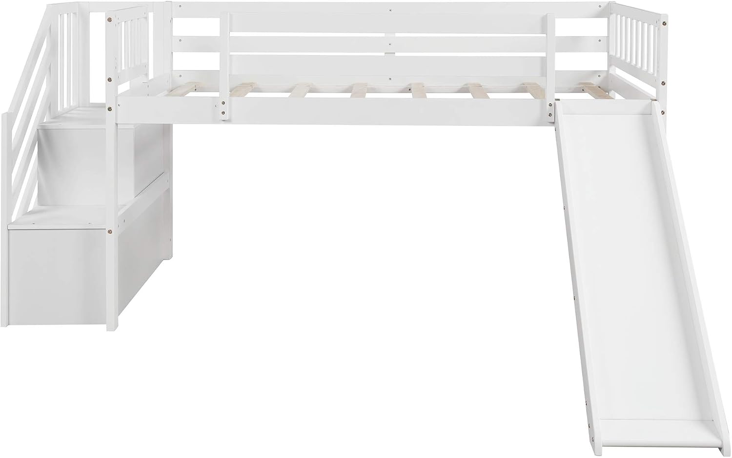 Twin Low Loft Bed with Adjustable Slide/Staircase/Storage Shelves for Kid/Boy/Girl/Teens, Full-Length Guardrails, Solid Wood, Space-Saving (White+Low Loft Bed)