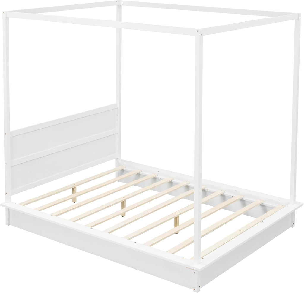 Queen Size Canopy Platform Bed with LED Lights and Headboard, Wooden 4-Post Canopy Bed Frame with Support Slats, No Box Spring Needed (Queen)