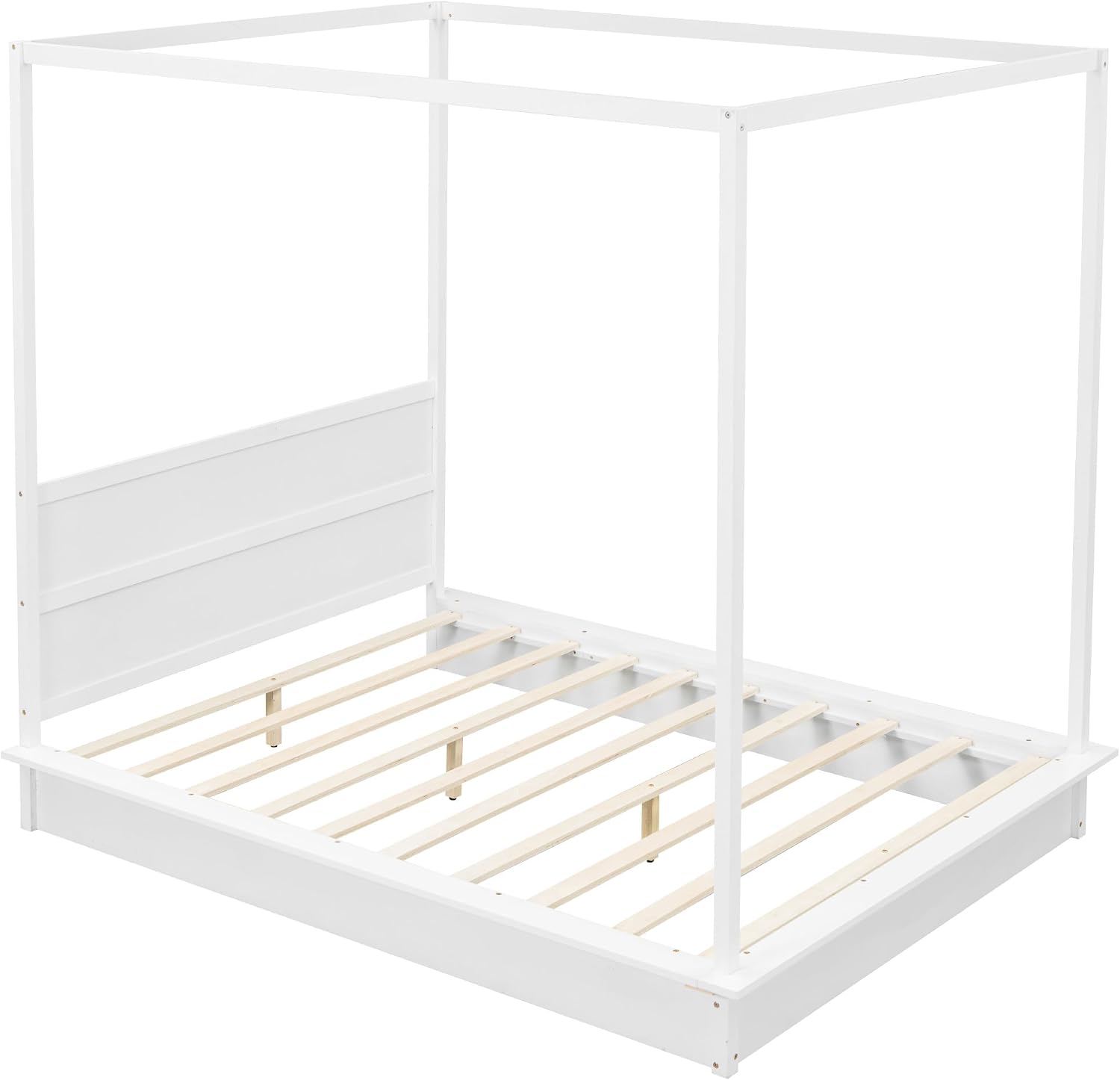Queen Size Canopy Platform Bed with LED Lights and Headboard, Wooden 4-Post Canopy Bed Frame with Support Slats, No Box Spring Needed (Queen)
