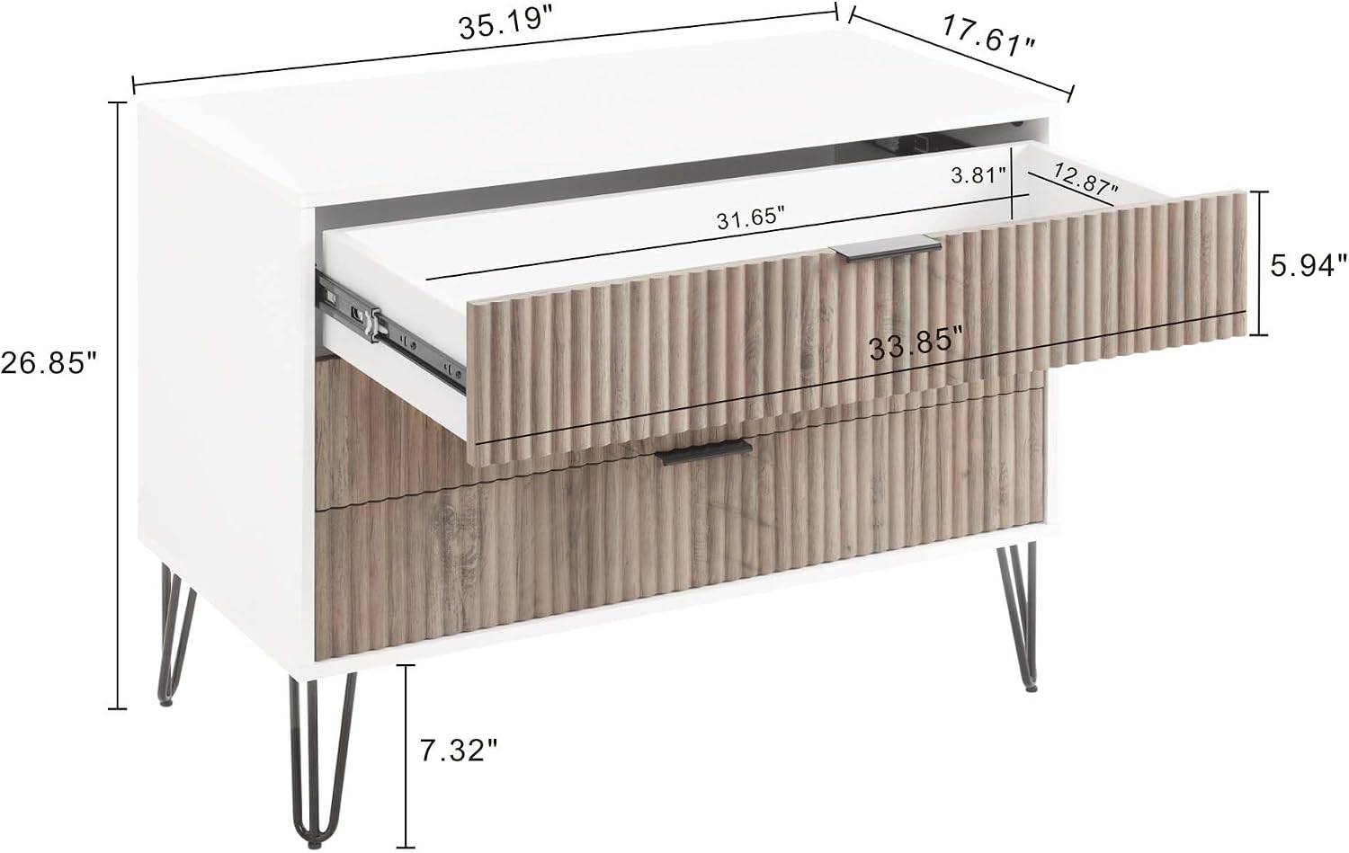 Manhattan Comfort Dumbo 3-Piece Modern Dresser Drawer and Nightstand Set, Tall and Standard - Vertical Ribbed Design - No Tool Assembly Storage for Bedroom & Living Room, White/Grey