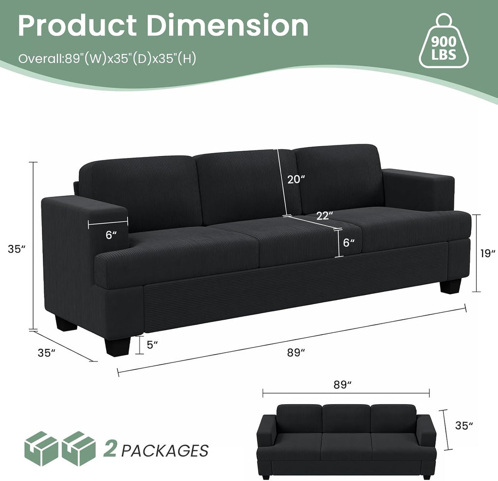 Fiona's magic 3 Pieces Corduroy Couch Set for Living Room, 7 Seats Cloud Sofa, Deep Seat Floor Couch for Bedroom, Futon Modern Sofa Bed, Black Corduroy