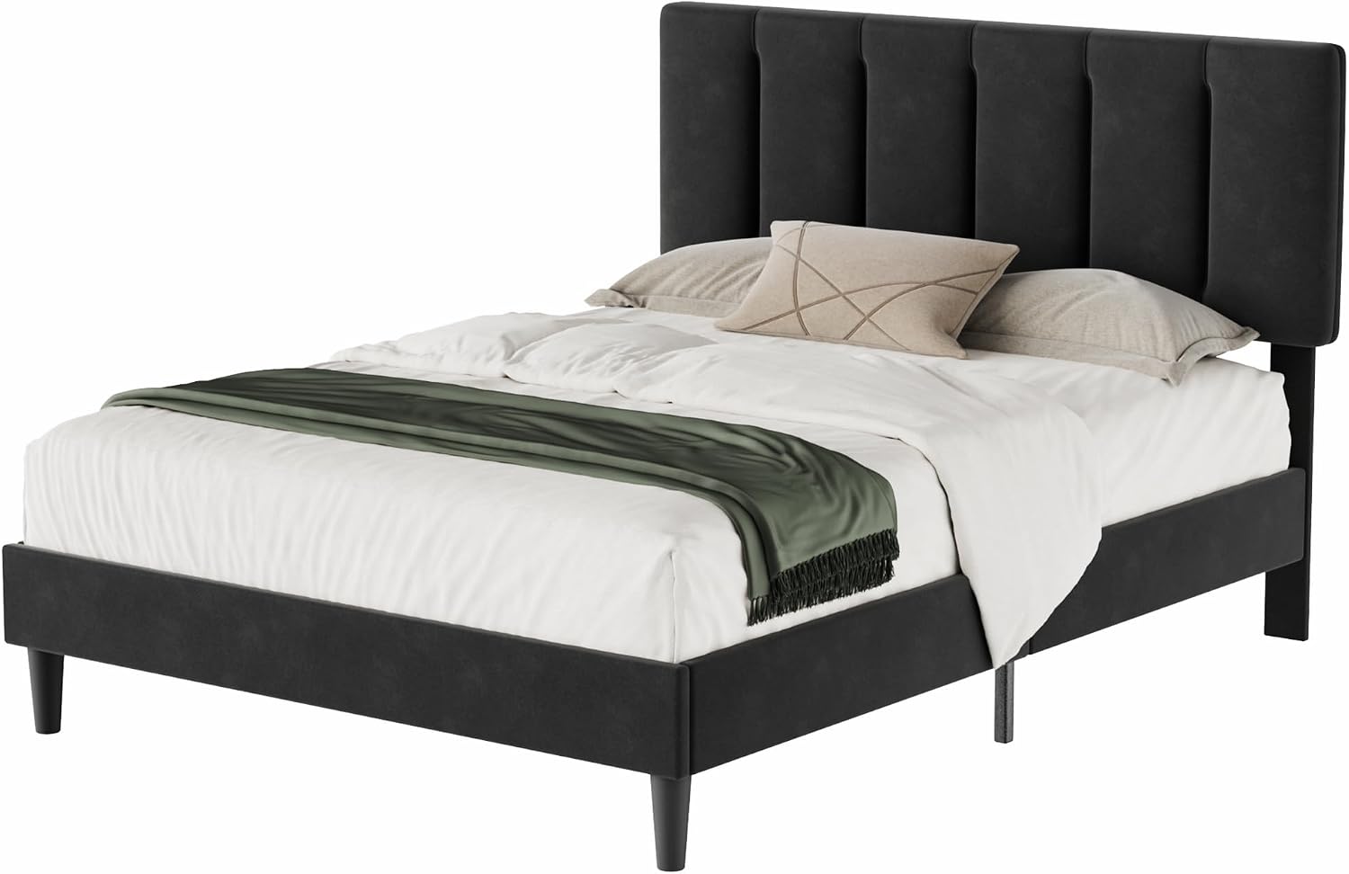 VECELO Full Bed Frame with Upholstered Headboard, Heavy-Duty Platform Bedframe with Strong Wooden Slats Support, No Boxing Spring Needed, Black
