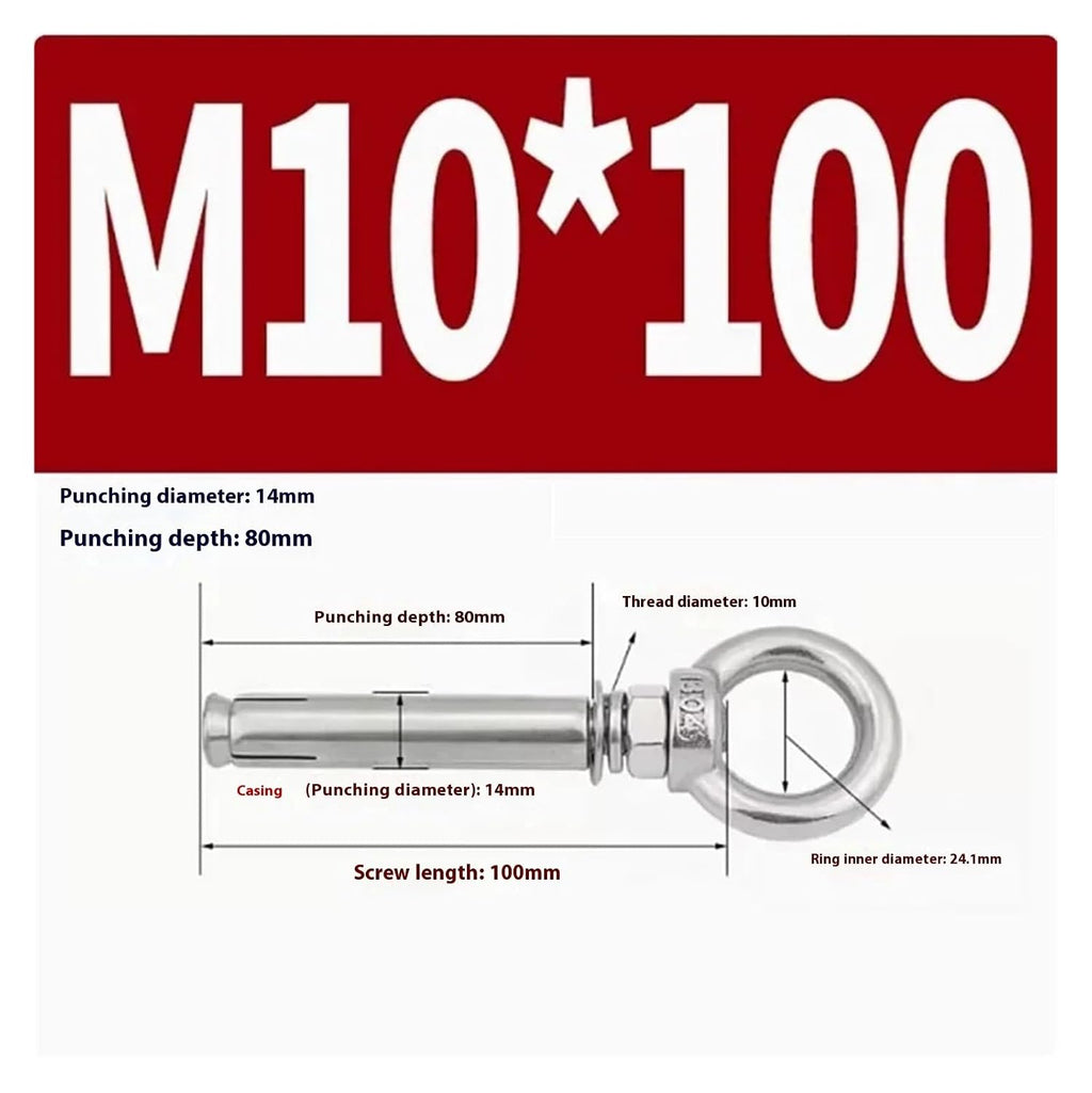 Anchor Bolts,Expansion Bolt, 5Pcs Stainless Steel Universal Ring Expansion Screw Sleeve Anchor Concrete Eye Bolt Installation Artifact Long Hook(M10*100MM)