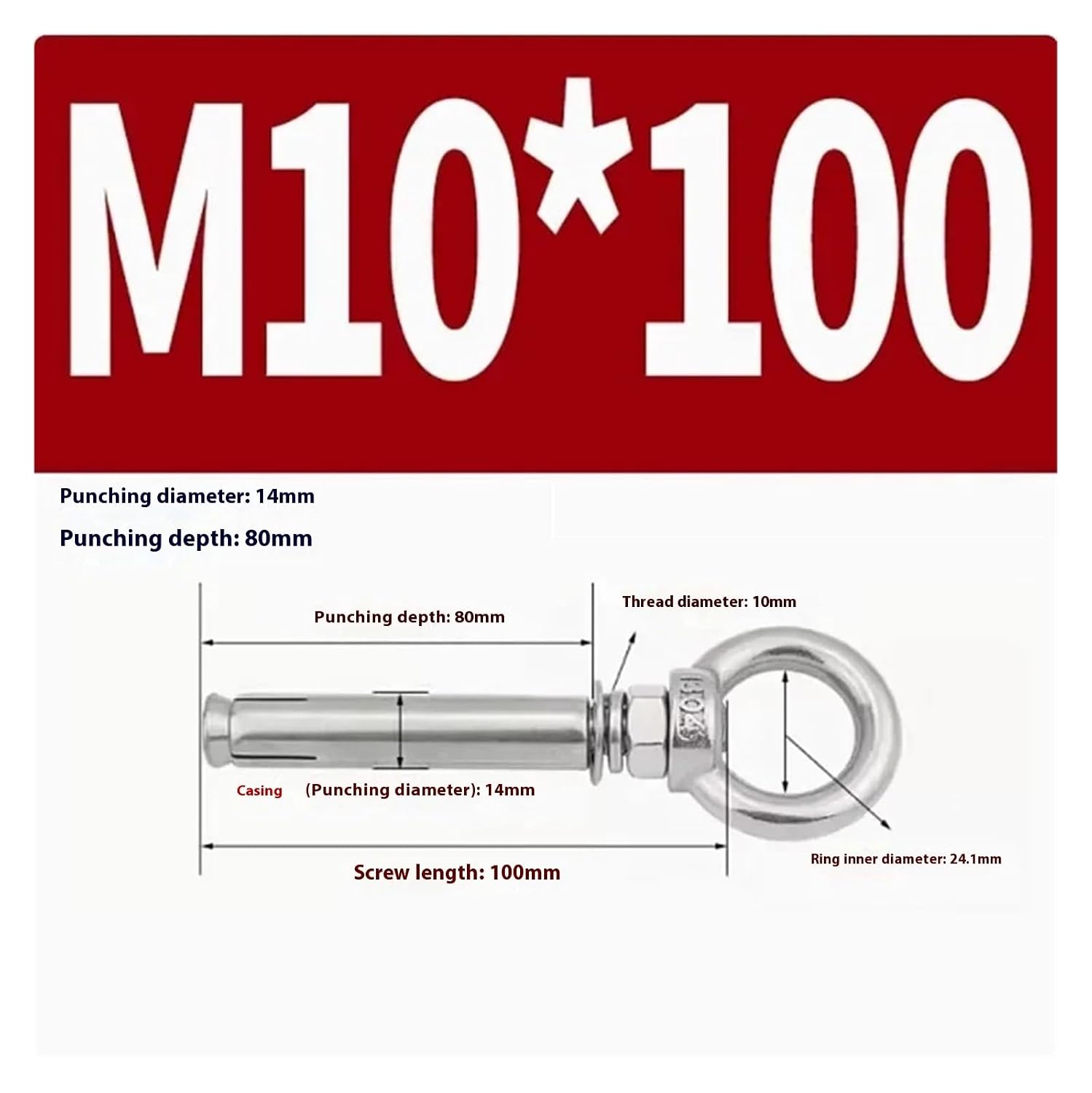 Anchor Bolts,Expansion Bolt, 5Pcs Stainless Steel Universal Ring Expansion Screw Sleeve Anchor Concrete Eye Bolt Installation Artifact Long Hook(M10*100MM)