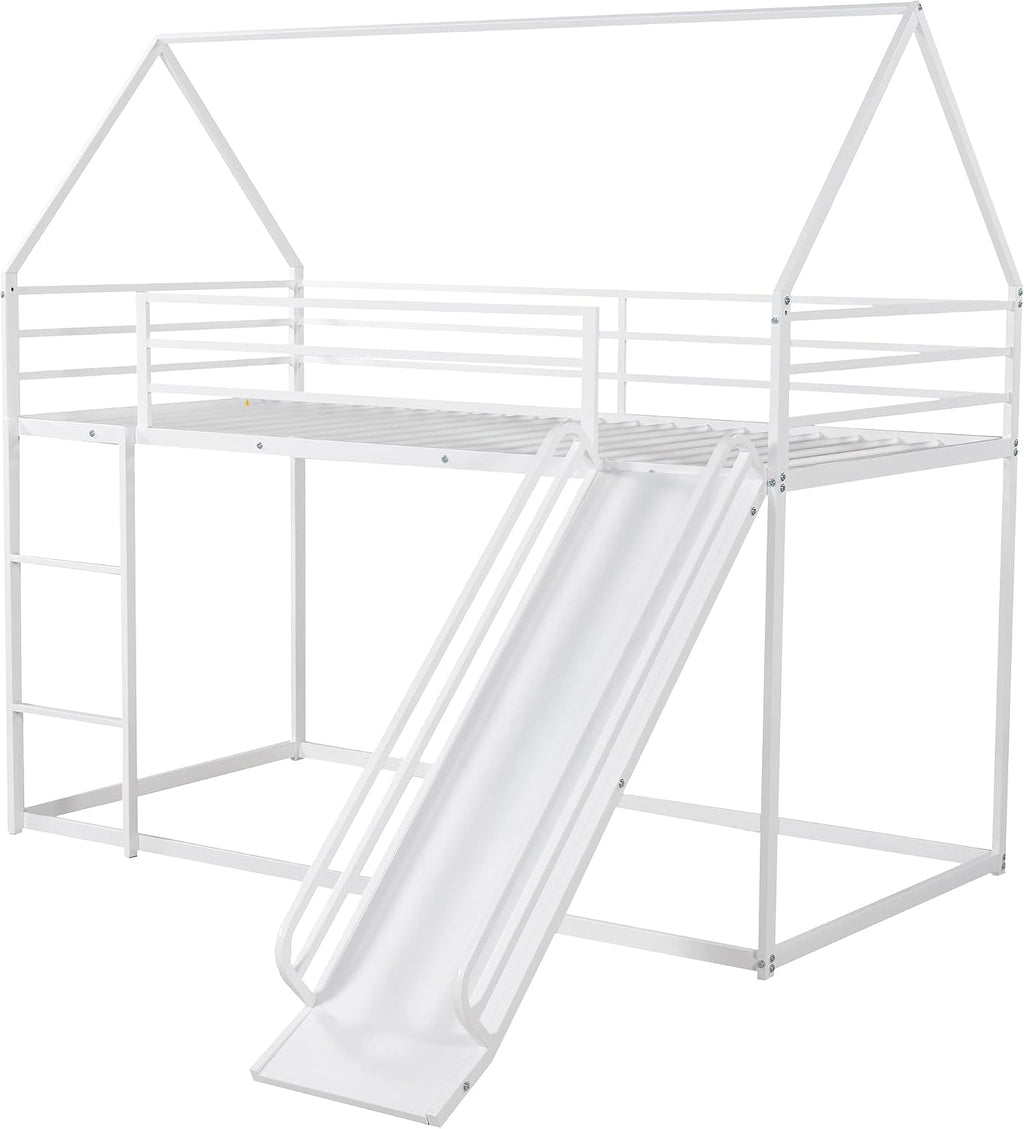 Metal Twin Size House Bed with Roof and Slats Support,Playhouse Design Montessori Floor Bed Frame W/Headboard & Footboard,No Box Spring Needed,for Kids Girls Boys,White