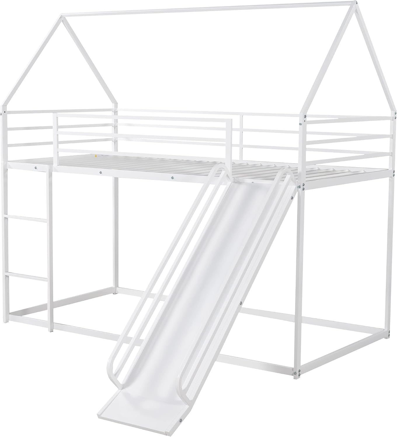 Metal Twin Size House Bed with Roof and Slats Support,Playhouse Design Montessori Floor Bed Frame W/Headboard & Footboard,No Box Spring Needed,for Kids Girls Boys,White