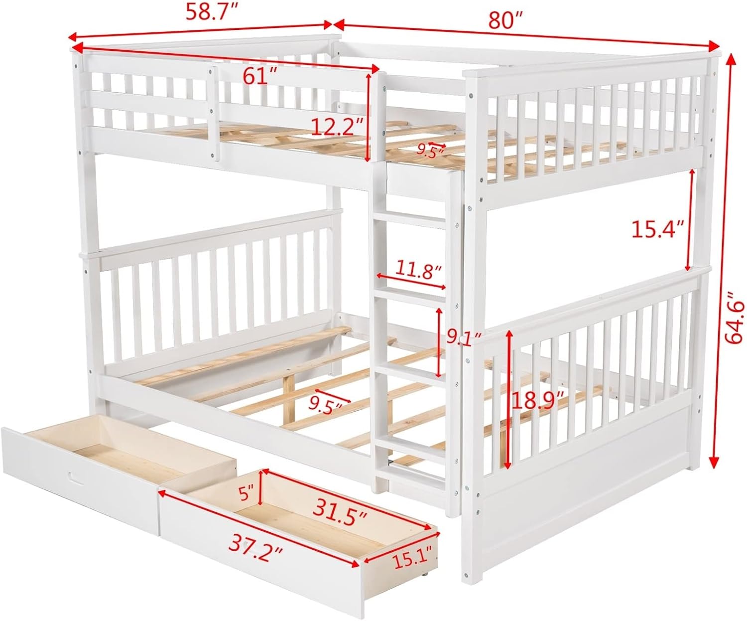 Short Bunk Bed, Full Bed with Drawers White Full Over Full with 2 Drawers Ladder and Rail Guard Solid Wood Slats for Boys and Girls Bedroom