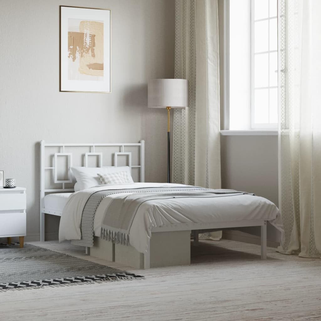White Powder-Coated Steel Twin Bed Frame with Rectangular Design and Spacious Storage Area, Modern Sleek Bedroom Furniture for Durable Support and Easy Maintenance