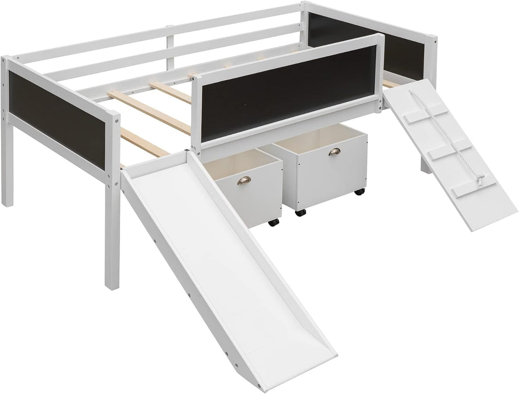 JIVOIT Twin Size Low Loft Bed with Climbing Frame & Rope, Wood Loft Bed Frame with Two Storage Boxes, Slide and Double-Sided Chalkboard, Pine Wood Bed Frame for Kids Teens (White+Rope)
