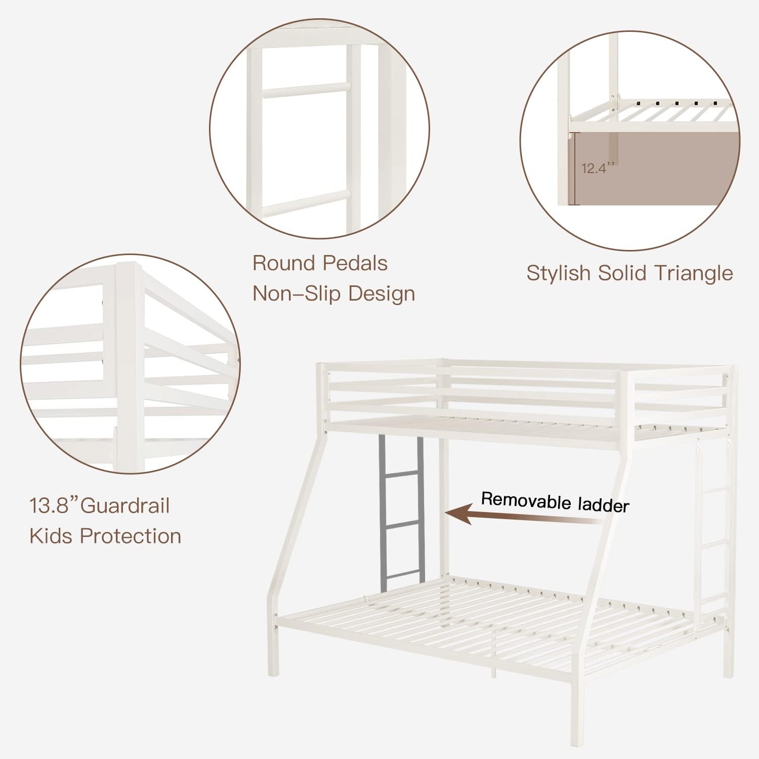 ikalido Metal Loft Bunk Bed Twin Over Full Size with Safety Guardrail and Ladder, No Box Spring Needed Space Saving Bedroom Furniture, Cream White