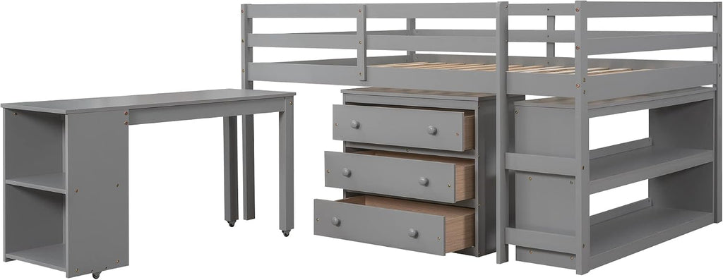 JIVOIT Full Size Low Loft Bed with Rolling Portable Desk, Wooden Loft Bed with Cabinet/Bookshelf/Drawers/Open Shelves for Kids Teens Adults, No Box Spring Required (Gray-Full-Rolling Portable Desk)
