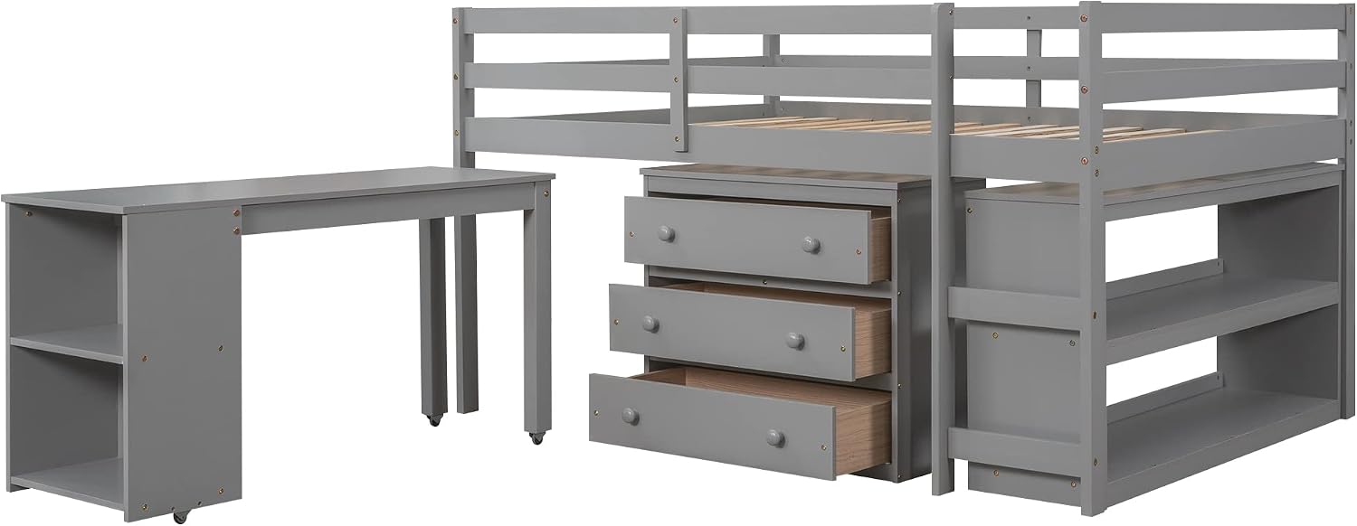JIVOIT Full Size Low Loft Bed with Rolling Portable Desk, Wooden Loft Bed with Cabinet/Bookshelf/Drawers/Open Shelves for Kids Teens Adults, No Box Spring Required (Gray-Full-Rolling Portable Desk)