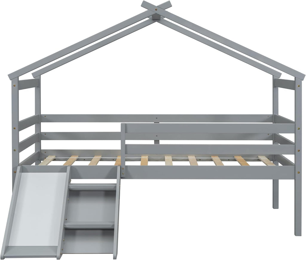 Twin Size Low Loft Bed with Slide and Ladder,Bed Frame W/Safety Guardrails & House Shape Roof,for Bedroom,Apartment,Guest Room,Easy Assembly,Grey