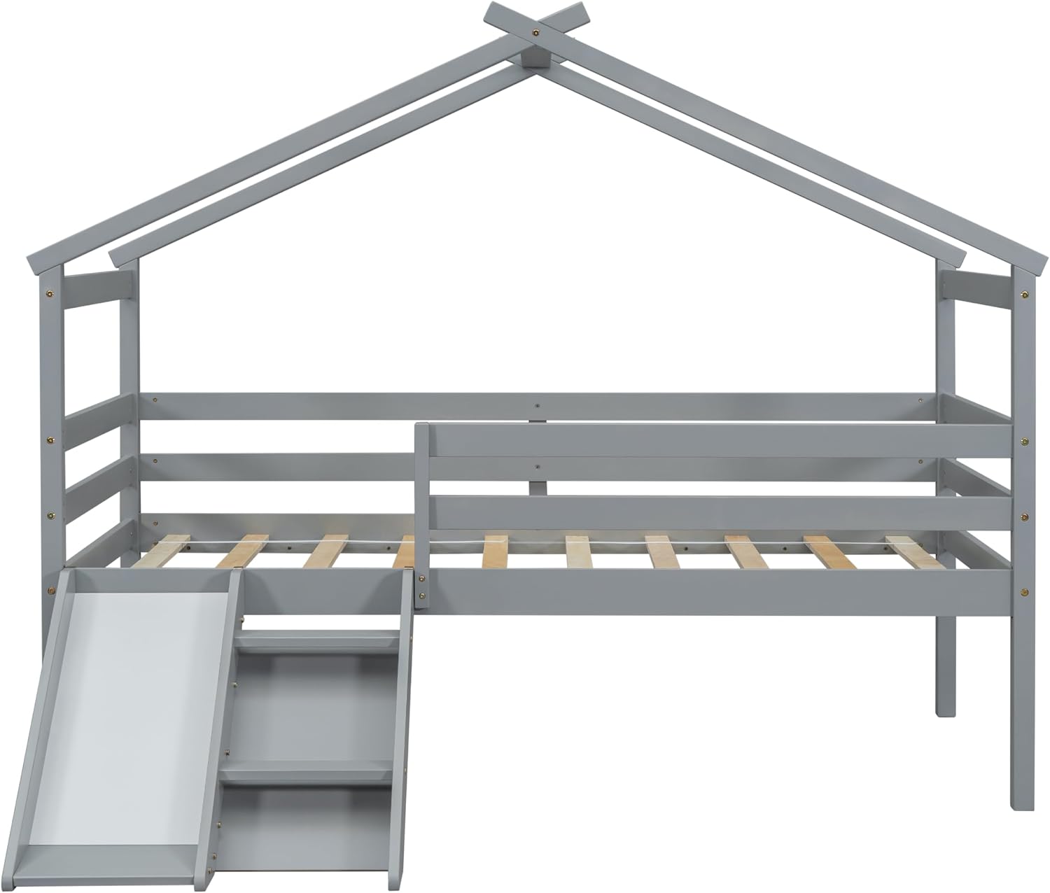 Twin Size Low Loft Bed with Slide and Ladder,Bed Frame W/Safety Guardrails & House Shape Roof,for Bedroom,Apartment,Guest Room,Easy Assembly,Grey