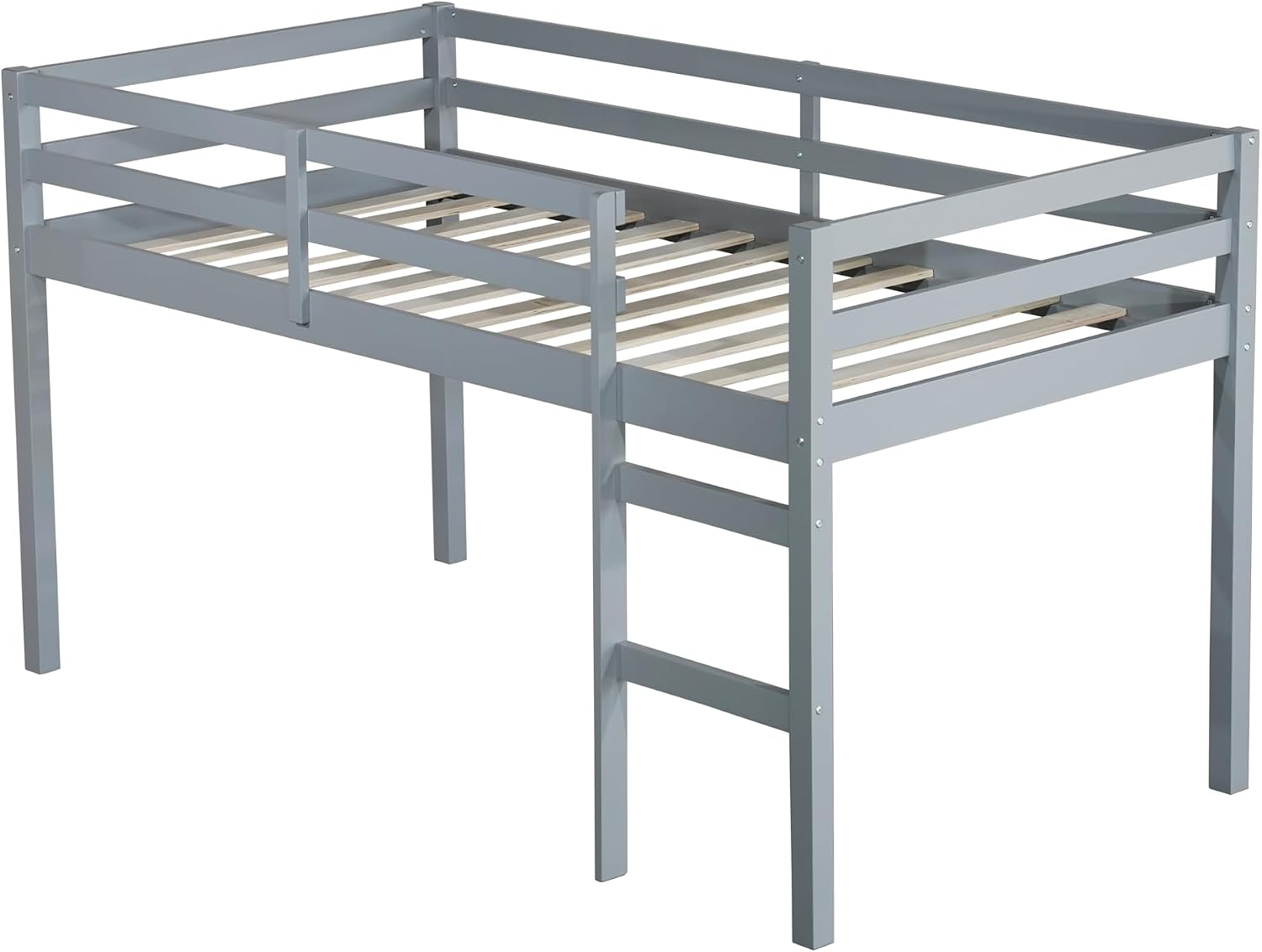 JIVOIT Wood Low Loft Bed Frame with Ladder, Solid Rubber Wooden Twin Loft Bed, Bed Platform of Strengthened Slats, Space Saving Design, No Box Spring Needed (Gray,104)