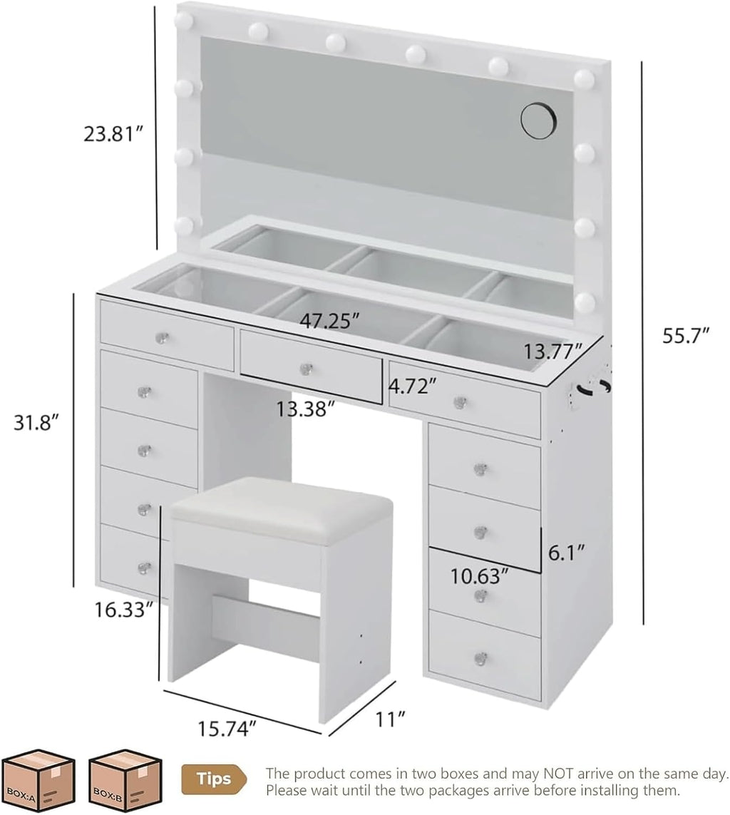 Makeup Vanity Desk with RGB Lights and Large 47.2'' Mirror, 11 Drawers Makeup Vanity with Lighted Mirror, 3 Color Option, Brightness Adjustable, Make Up Vanity with Charging Station Woman, White