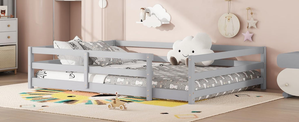 Modern Classic Full Size Bed Frame with Fence, Sturdy Wood Montessori Floor Bed for s, Boys, Girls, Dorm, Bedroom, House, Easy to Assemble, Noise-Free Design, No Box Spring Needed,Grey-Ful