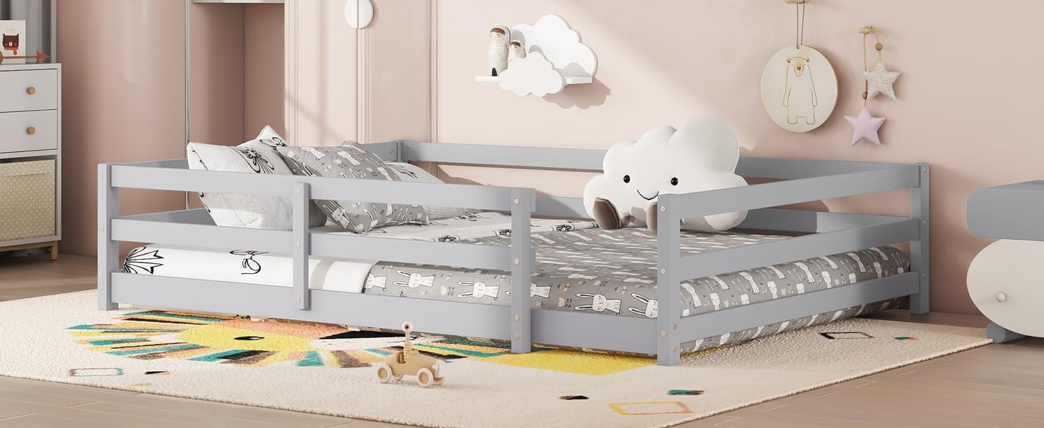 Modern Classic Full Size Bed Frame with Fence, Sturdy Wood Montessori Floor Bed for s, Boys, Girls, Dorm, Bedroom, House, Easy to Assemble, Noise-Free Design, No Box Spring Needed,Grey-Ful