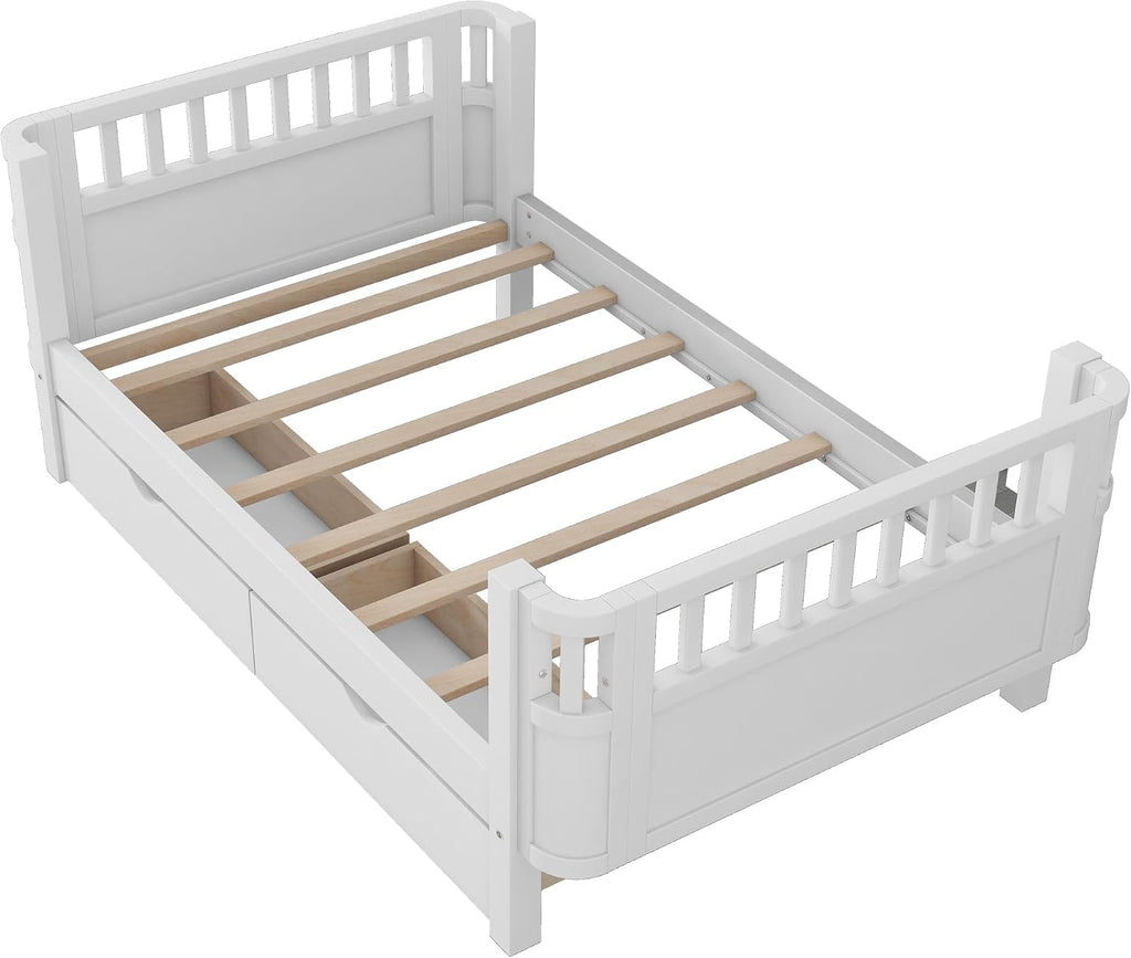 Harper & Bright Designs Twin Size Low Platform Bed Frame, Daybed with Fence and Drawers, Low Profile Bed for Bed Room, White