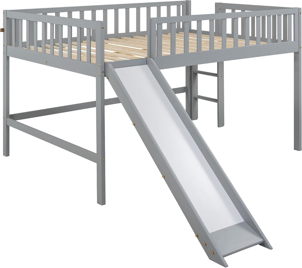 JIVOIT Full Size Wood Loft Bed with Slide, Low Loft Bed with Built-in Ladder and Safety Rails, Space Saving Kids Loft Bed with Underneath Spacious Space, for Kids Boys Girls (Gray,Full 1)