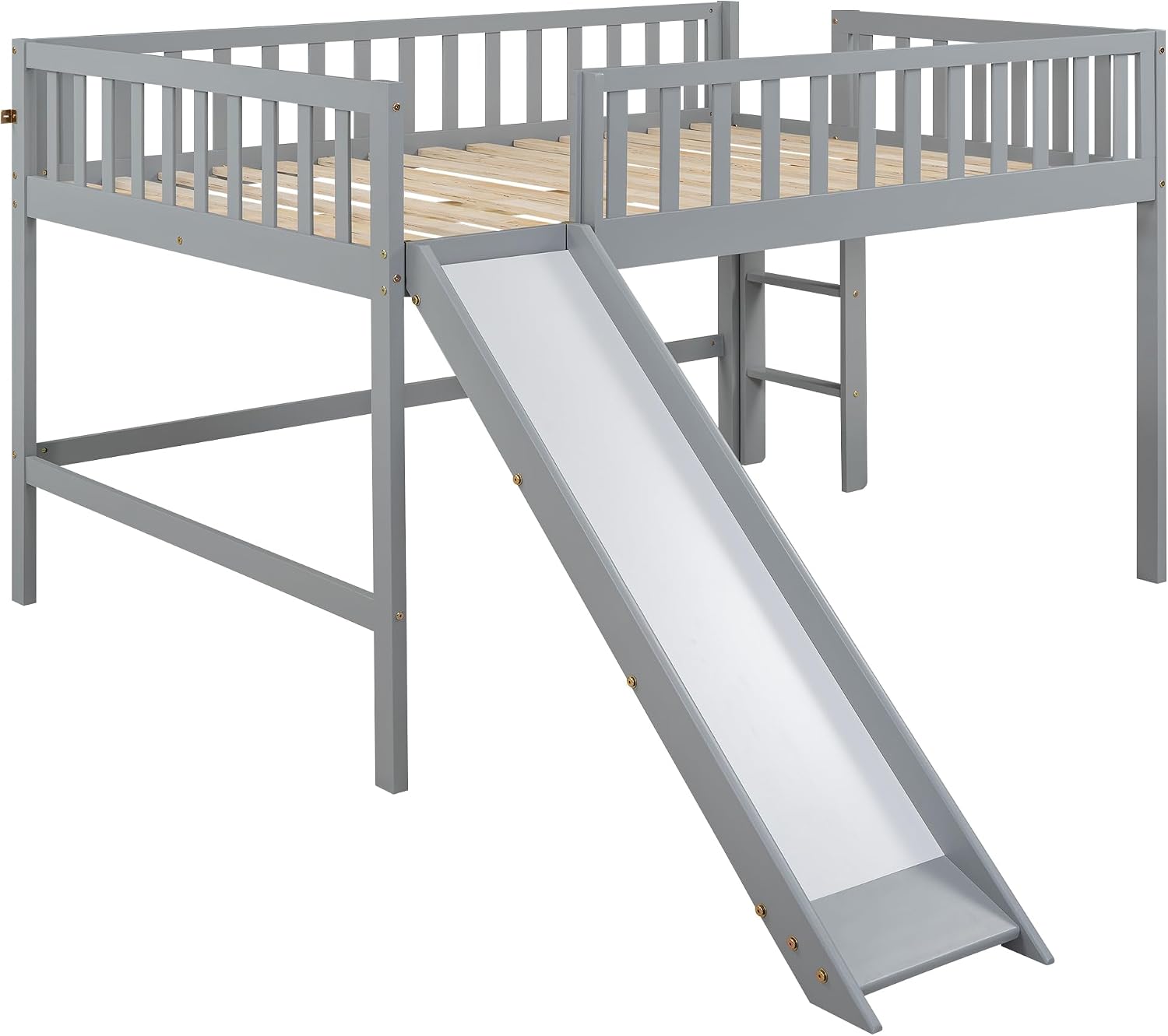 JIVOIT Full Size Wood Loft Bed with Slide, Low Loft Bed with Built-in Ladder and Safety Rails, Space Saving Kids Loft Bed with Underneath Spacious Space, for Kids Boys Girls (Gray,Full 1)