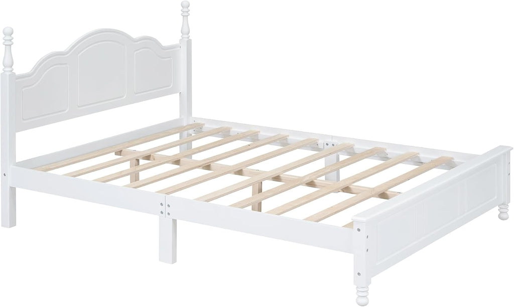 JIVOIT Wood Queen Bed Frame with Headboard and Footboard, Retro Style Platform Bed with Wooden Slat Support, Solid Wood Foundation, Queen Size Wooden Bed Frame (White, Queen Bed, 1)