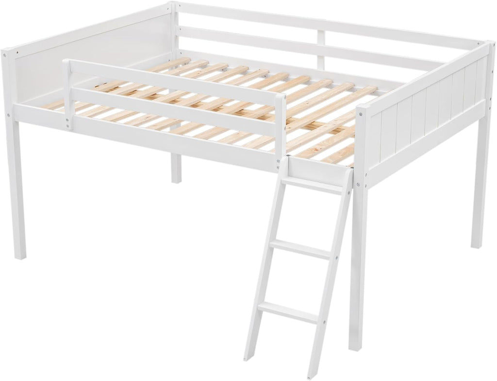 Full Size Loft Bed, Wood Loft Bed with Convertible Ladder, Ladder can be Placed on the Left or Right, Low Loft Bed with Full-Length Guardrails, No Box Spring Required (White,Full & Convertible Ladder)