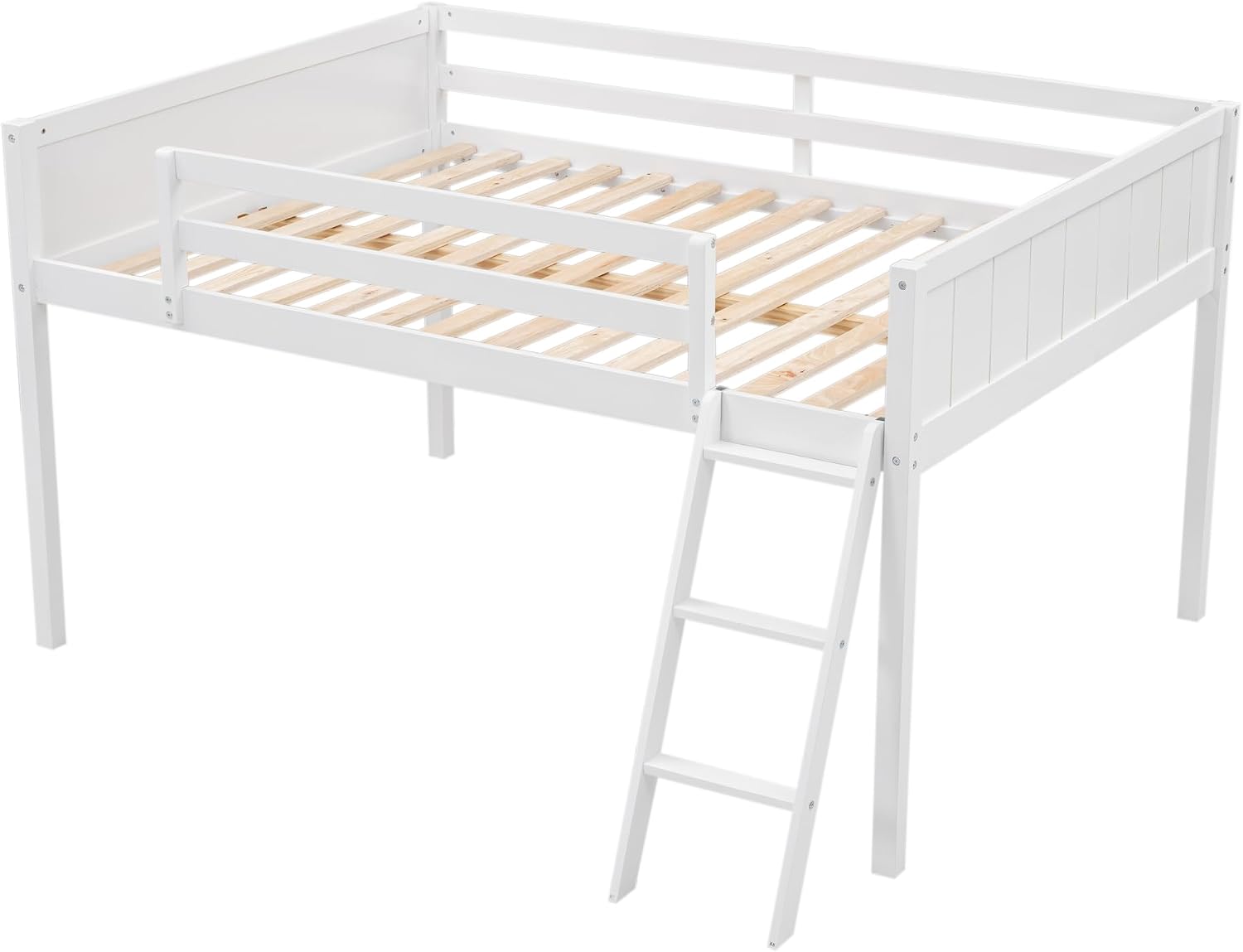 Full Size Loft Bed, Wood Loft Bed with Convertible Ladder, Ladder can be Placed on the Left or Right, Low Loft Bed with Full-Length Guardrails, No Box Spring Required (White,Full & Convertible Ladder)