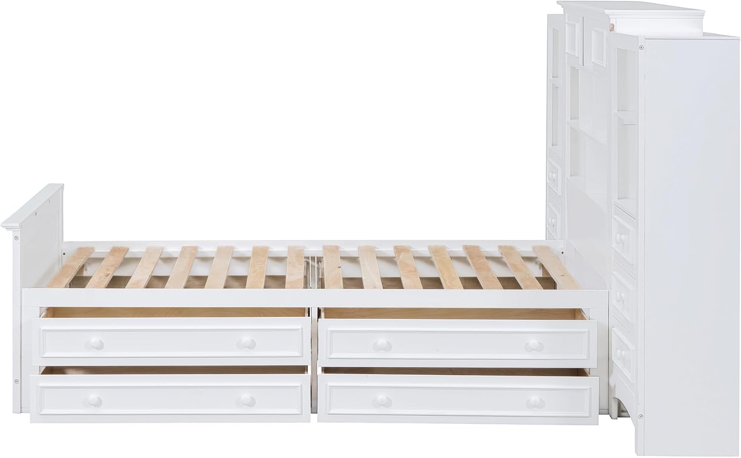 Twin Size Platform Bed with All-in-One Vertical Cabinet Bookcase, Solid Wood Captain's Bed Platform Bed Frame with 4 Drawers on Each Side, Storage Headboard (White-A)