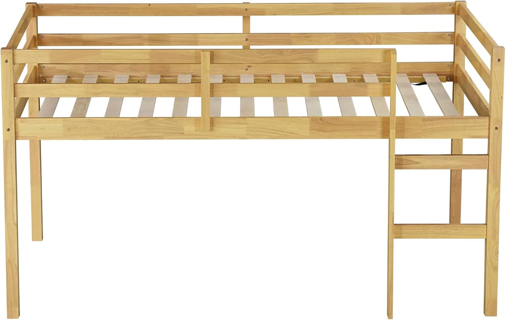 JIVOIT Twin Size Loft Bed with Ladder, Solid Rubber Wooden Low Height Loft Bed, Bed Platform of Strengthened Slats, No Box Spring Needed (Natural//14)