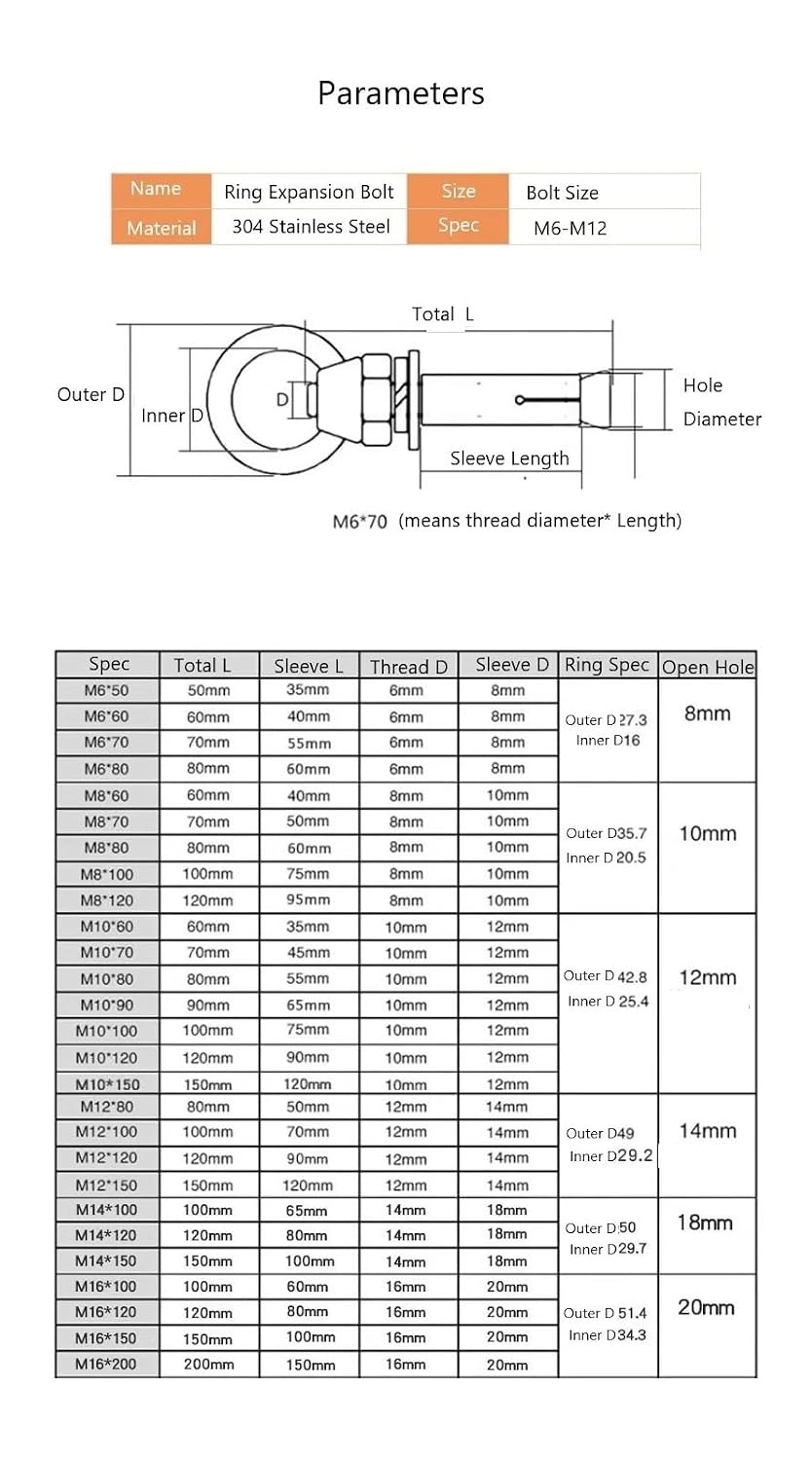 Anchor Bolts,Expansion Bolt, Sleeve Anchor Concrete Expansion Eye Bolt 304 Stainless Steel Installation Artifact Hook Long Universal Ring Screws(M6x50mm 4pcs)