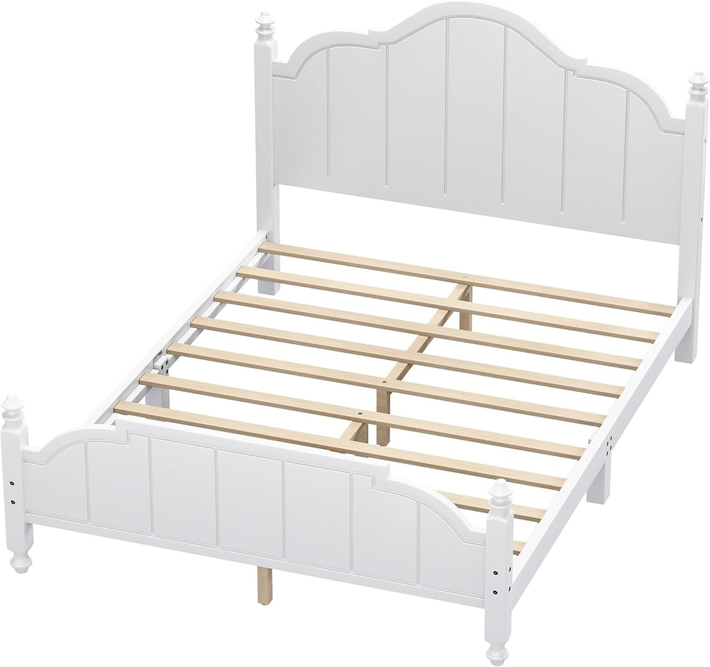 JIVOIT Vintage Wooden Bed Frame, Queen Size Platform Bed with Wide Headboard, Wood Slats Support, No Spring Box Needed, Easy Assembly (White-Queen,2)