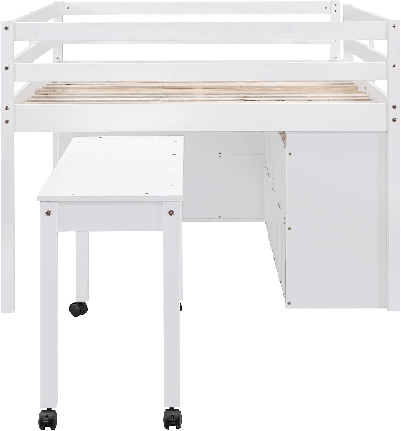 JIVOIT Full Size Low Loft Bed with Retractable Writing Desk, Storage Bed with 4 Drawers and Shelves, Wooden Loft Bed with Lateral Portable Desk for Kids Teens Adults Bedroom (White,Full,9)